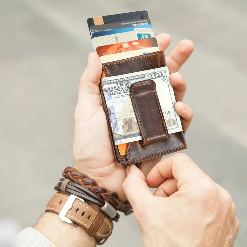Porte-cartes homme pop-up, étui en métal et pince à billets, café