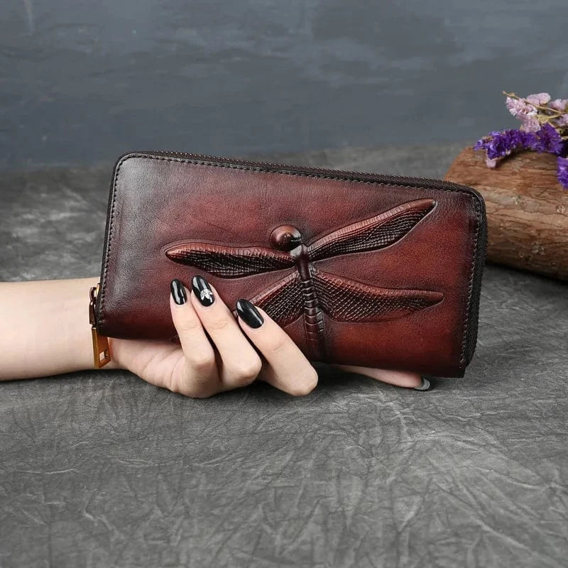 Porte-monnaie et cartes femme à libellule gravée, poche téléphone