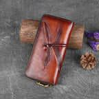 Porte-monnaie et cartes femme à libellule gravée, poche téléphone, marron