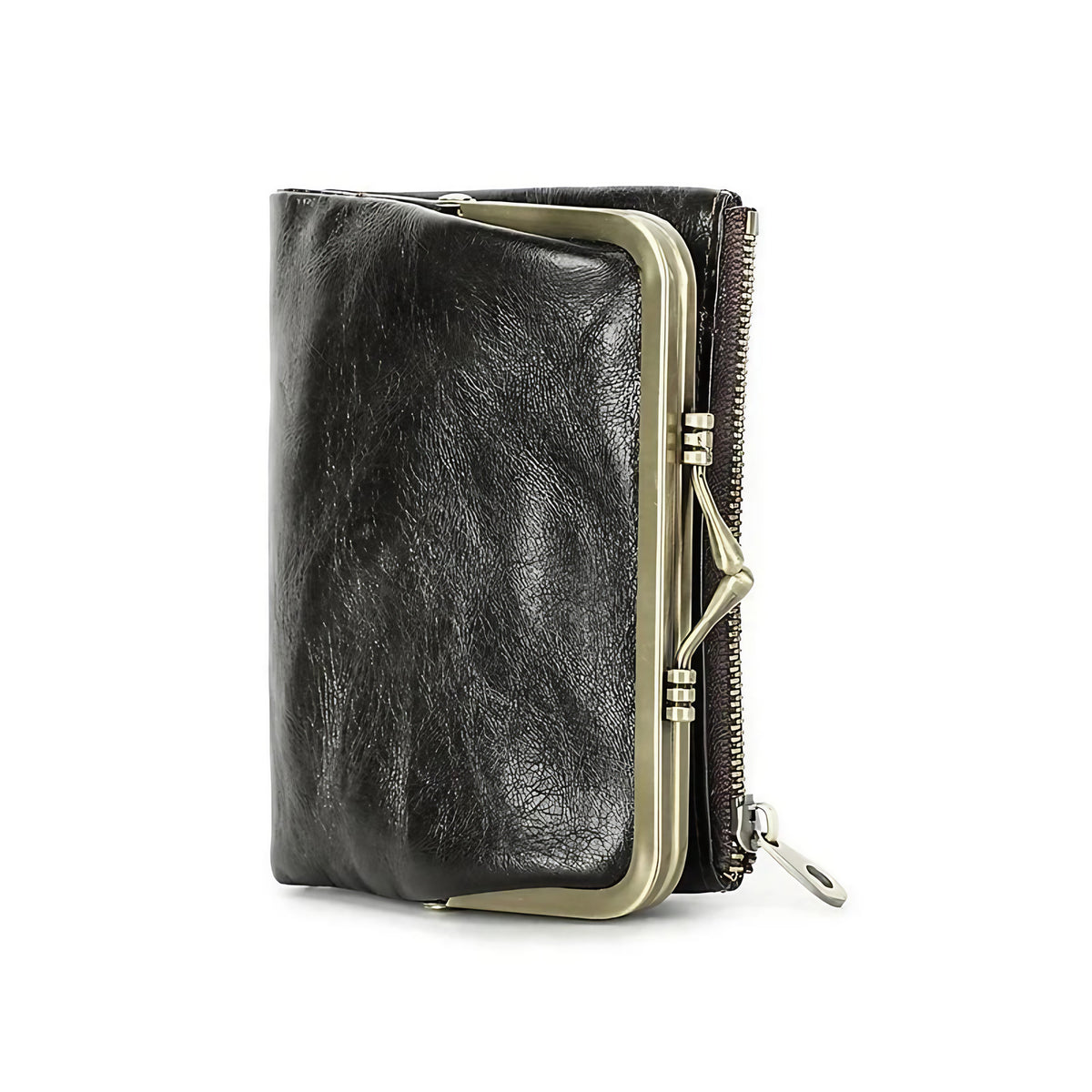 Porte-monnaie femme à fermoir rétro et cadre métallique, café