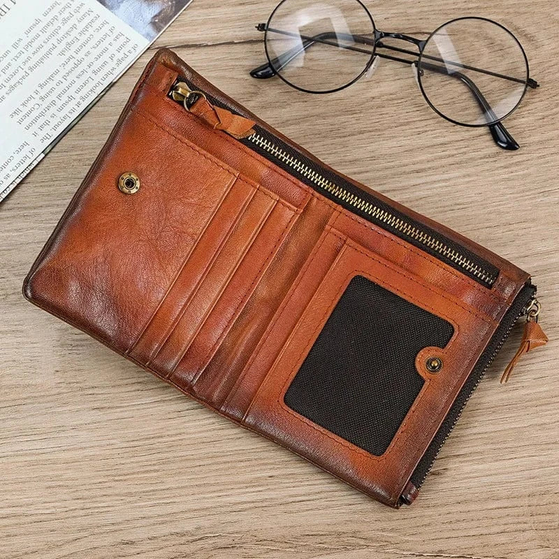 Portefeuille court homme en cuir, fermeture éclair, six coloris, orange