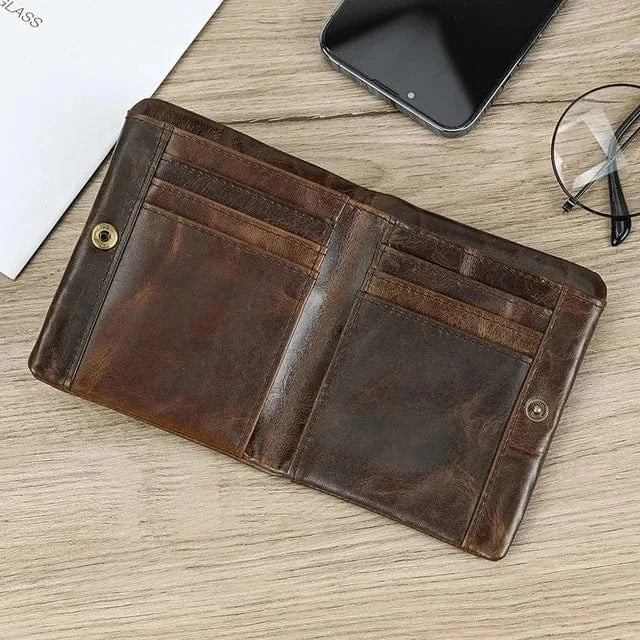 Portefeuille court homme en cuir, fermeture éclair, six coloris, marron