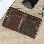 Portefeuille court homme en cuir, fermeture éclair, six coloris, marron