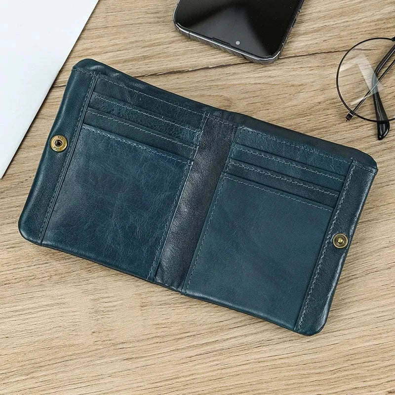 Portefeuille court homme en cuir, fermeture éclair, six coloris, bleu