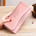 Portefeuille femme en cuir souple, fleur gravée, six coloris, rose