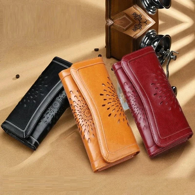 Portefeuille femme en cuir souple, fleur gravée, six coloris