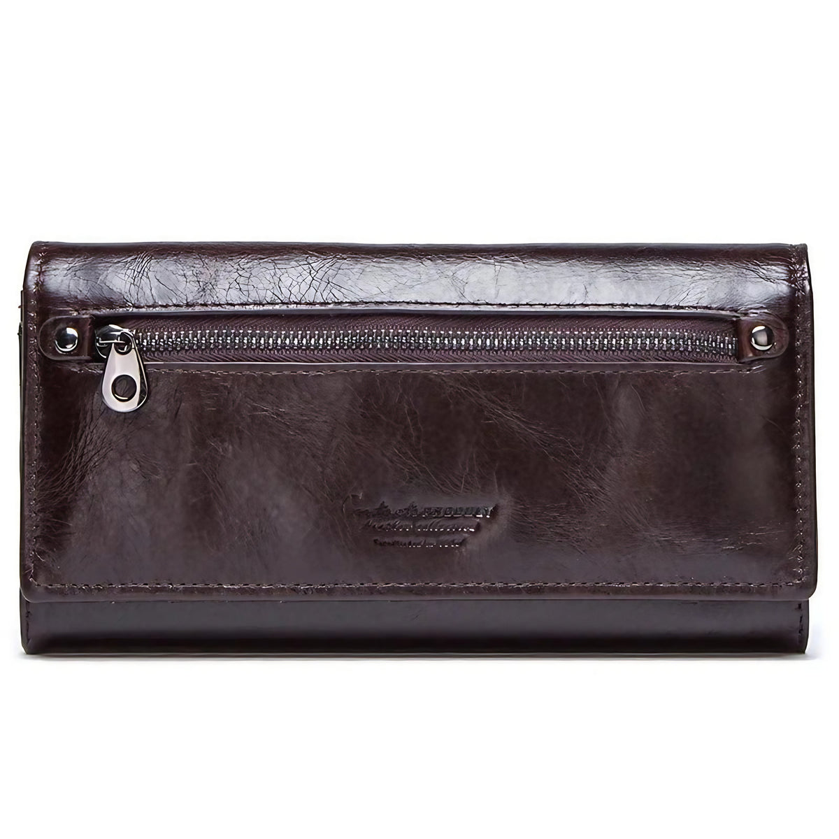 Portefeuille long femme en cuir, place téléphone, six coloris, café
