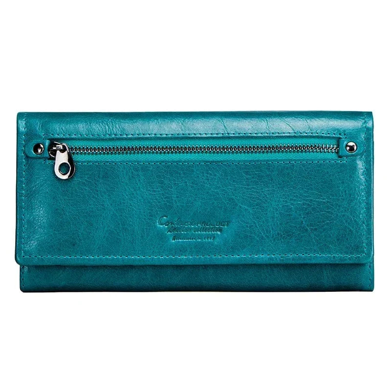 Portefeuille long femme en cuir, place téléphone, six coloris, bleu