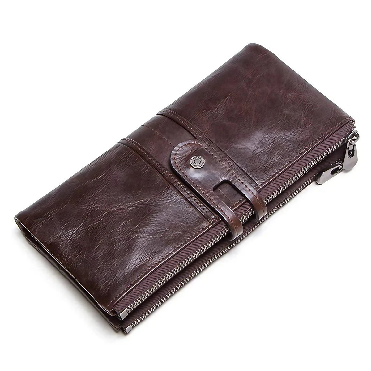 Portefeuille allongé femme en cuir zippé, huit coloris, 150 g, café
