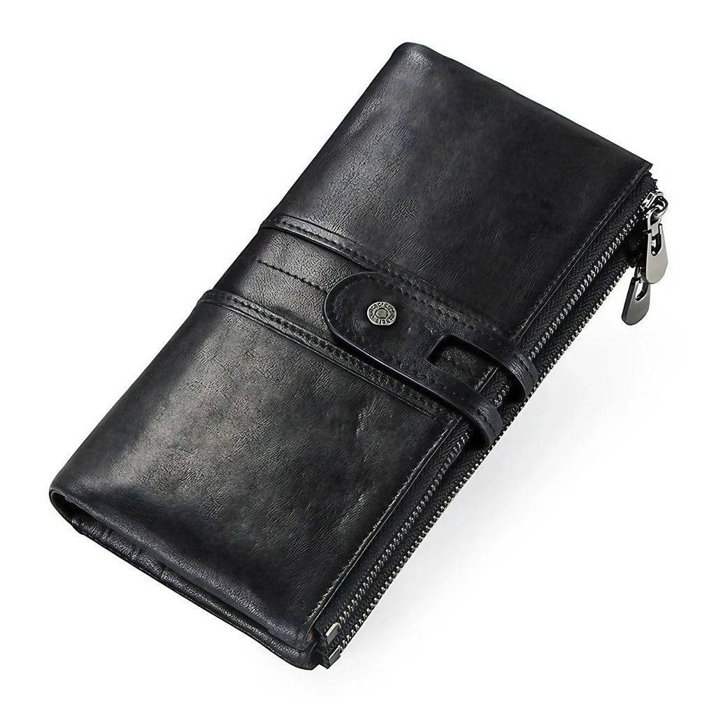 Portefeuille allongé femme en cuir zippé, huit coloris, 150 g, noir