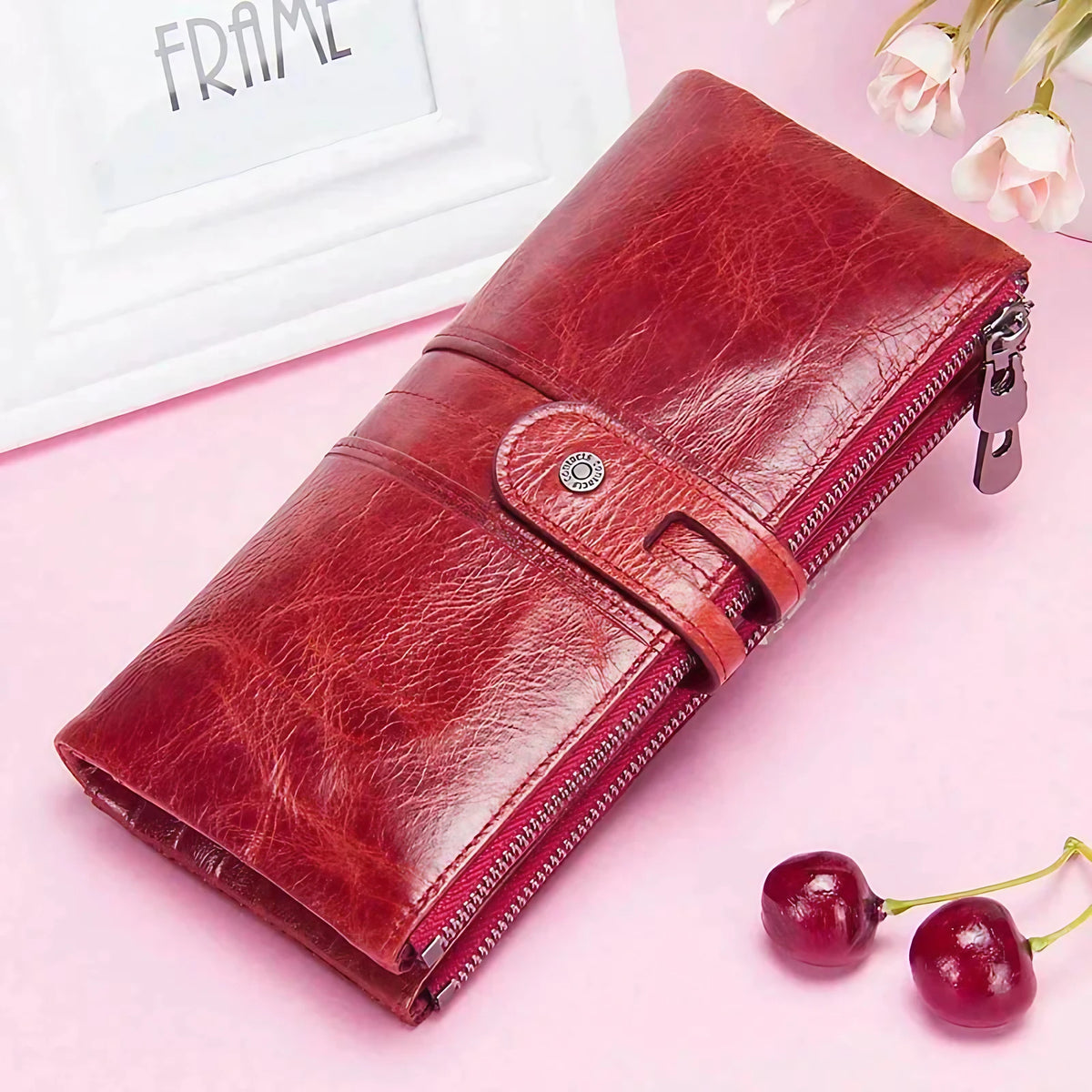 Portefeuille allongé femme en cuir zippé, huit coloris, 150 g, rouge