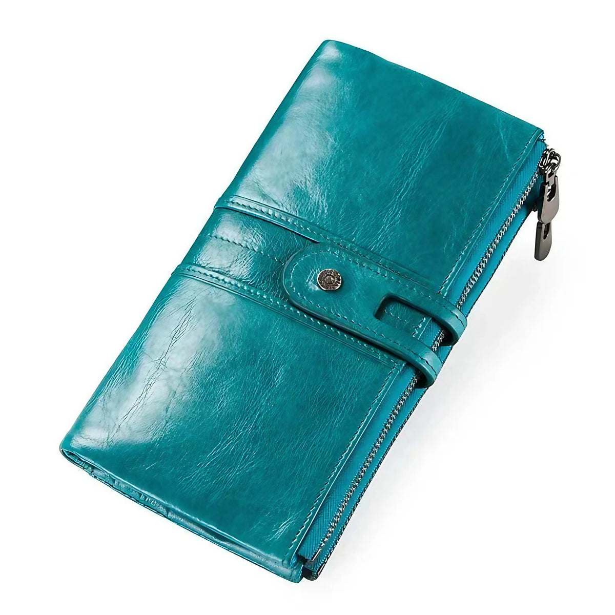 Portefeuille allongé femme en cuir zippé, huit coloris, 150 g, bleu
