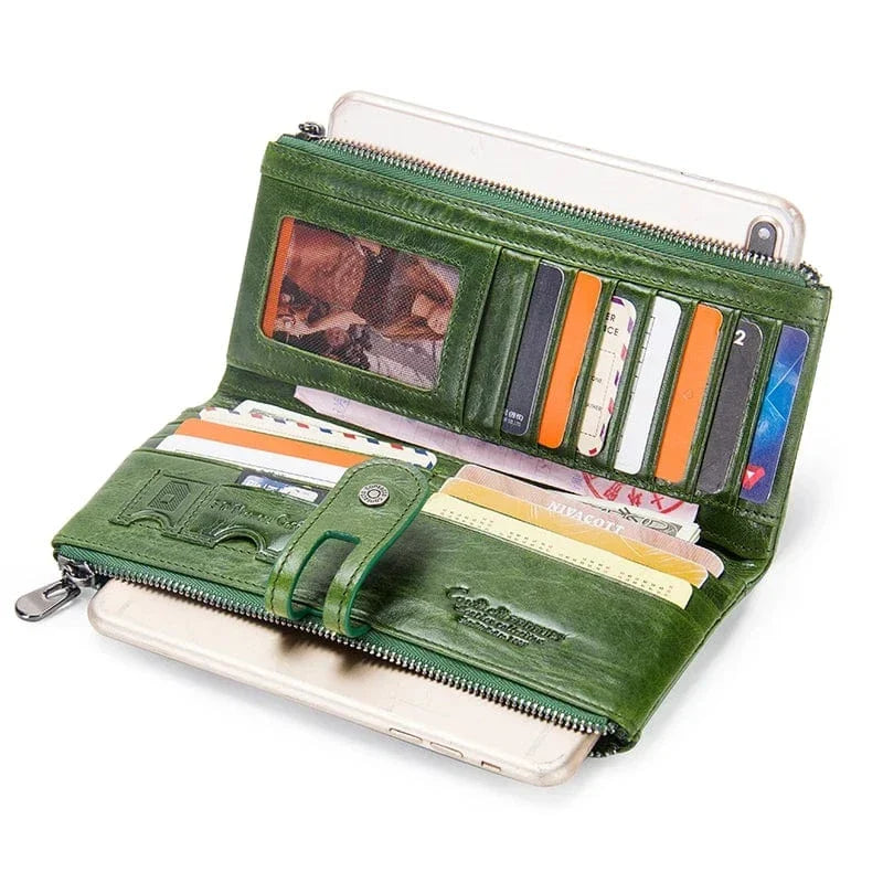 Portefeuille allongé femme en cuir zippé, huit coloris, 150 g