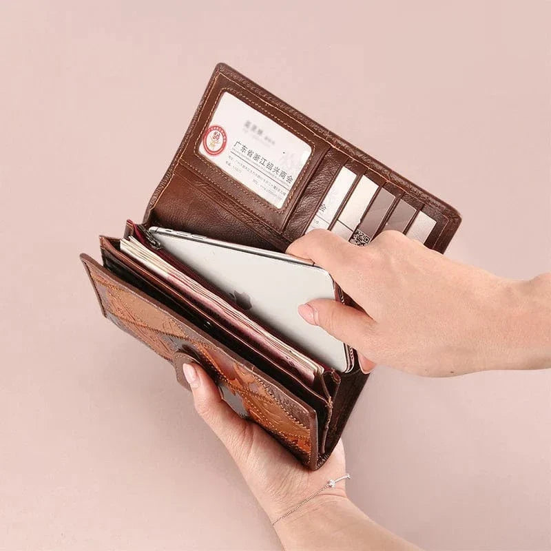 Portefeuille femme marron en cuir avec poche téléphone