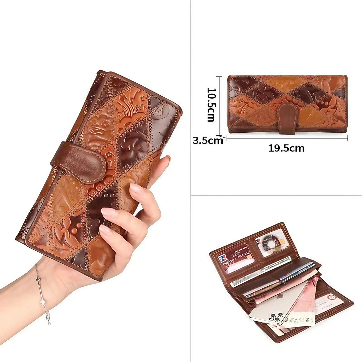 Portefeuille femme marron en cuir avec poche téléphone, marron