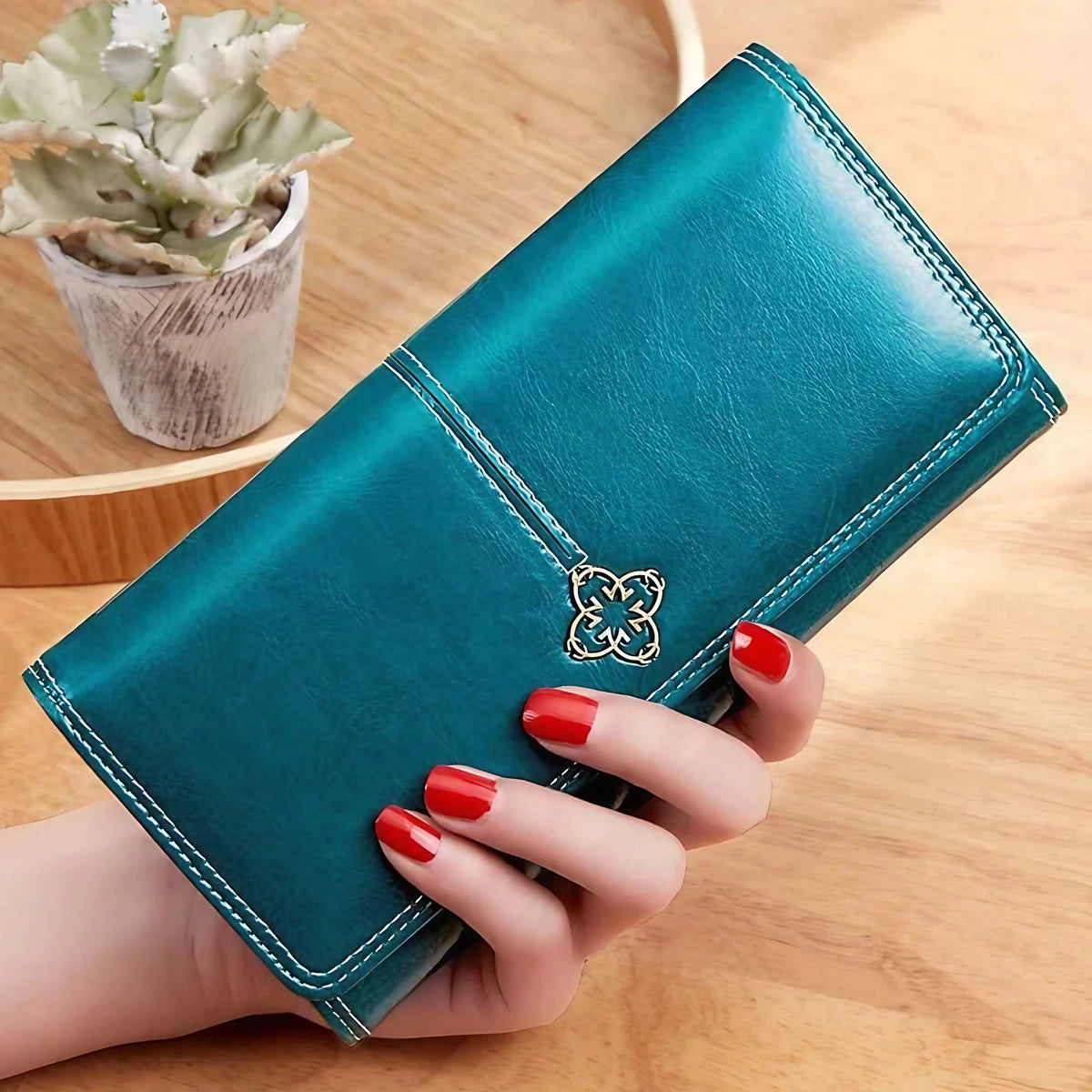 Portefeuille long femme en similicuir, place téléphone, quatre coloris, bleu