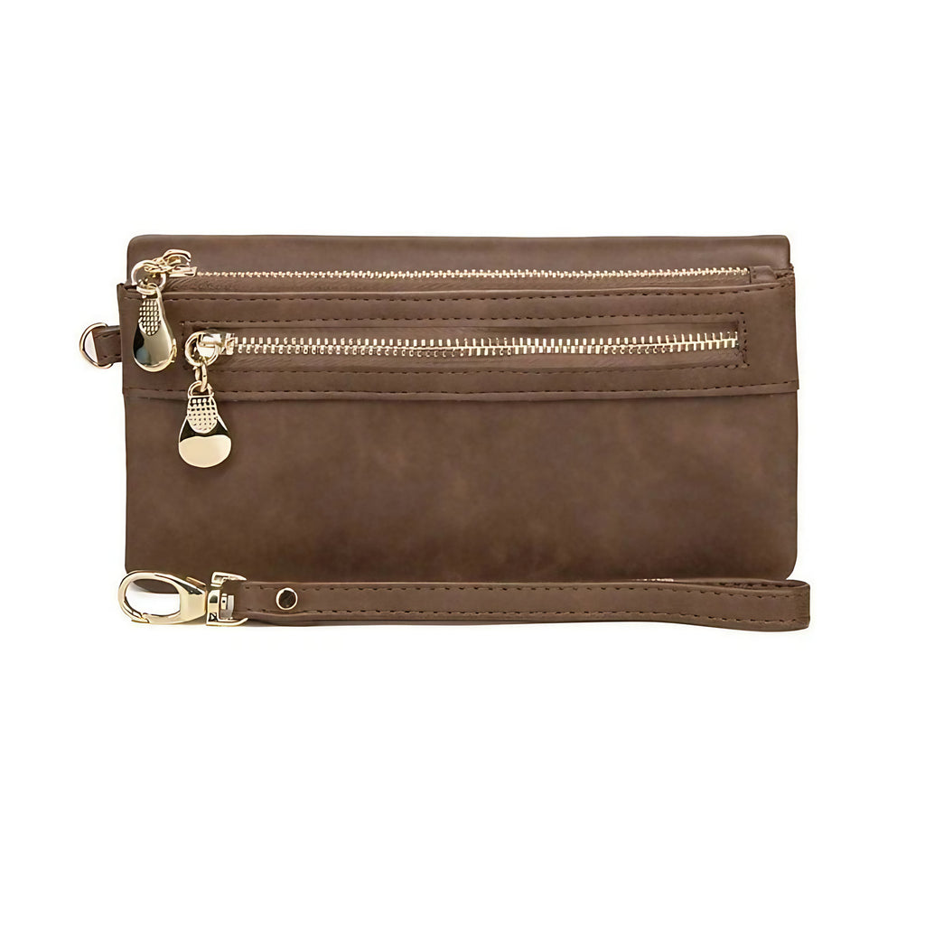 Porte-monnaie femme en similicuir à double zip, sept coloris, café