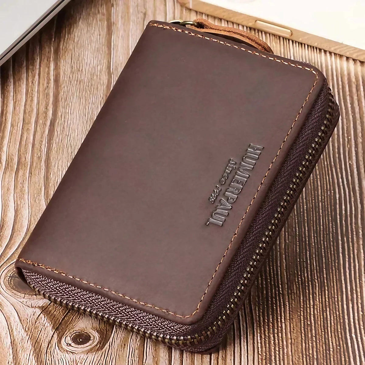 Portefeuille zippé homme compact anti lecture, coloris café, café