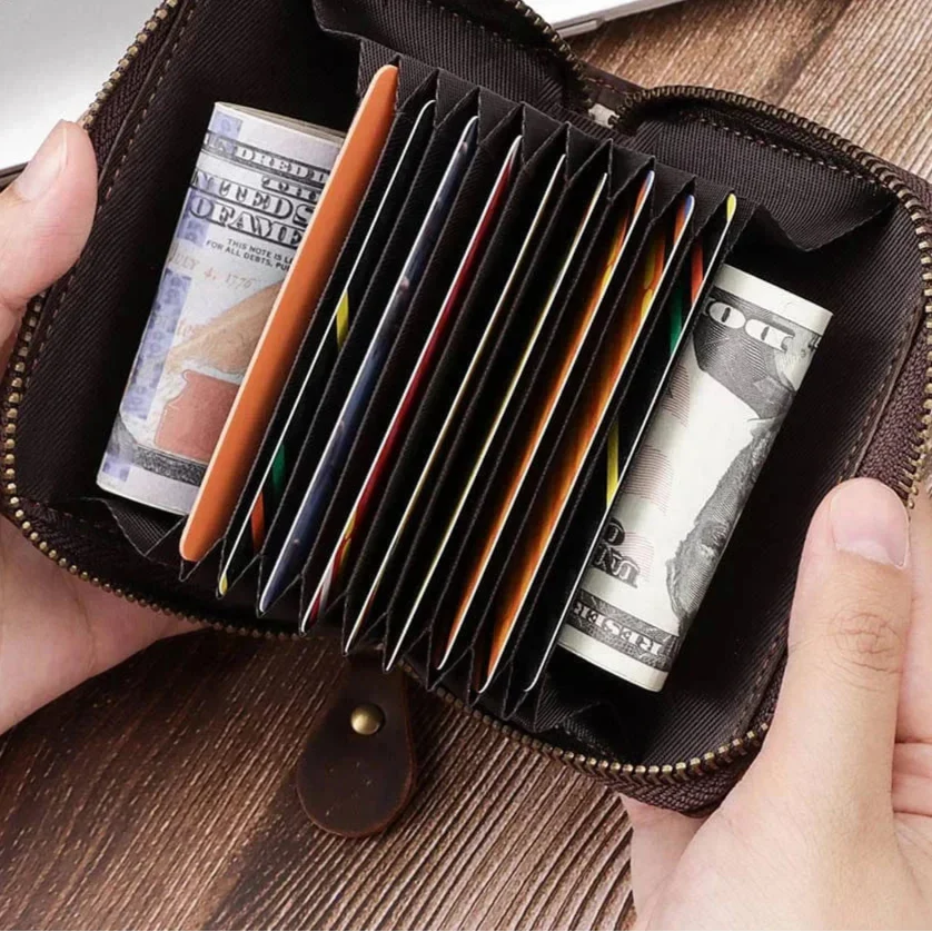 Portefeuille zippé homme compact anti lecture, coloris café