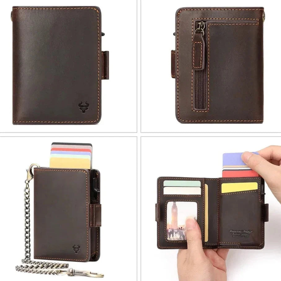 Porte-cartes homme pop-up à chaîne antivol, anti lecture