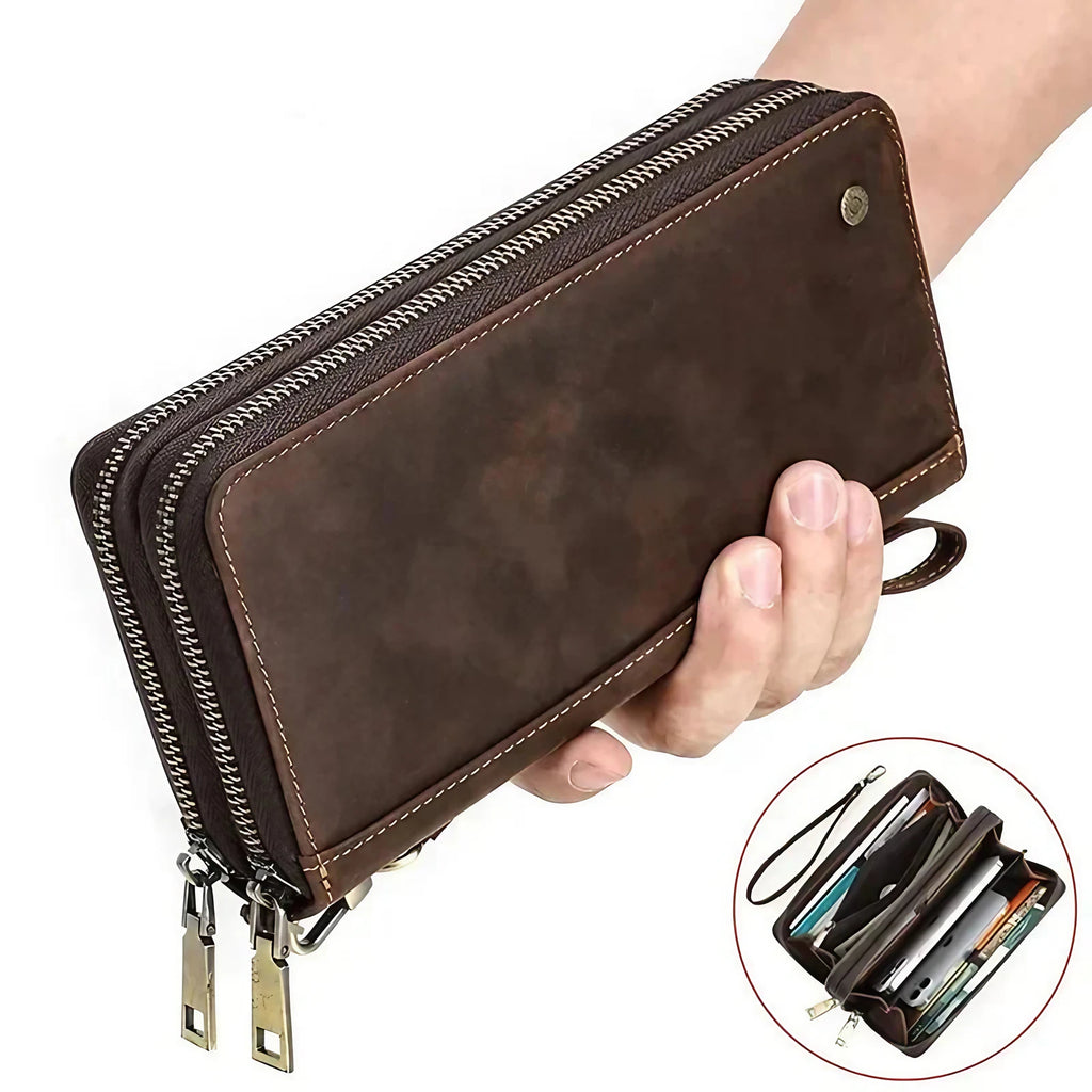 Portefeuille homme en cuir à double zip, grande capacité