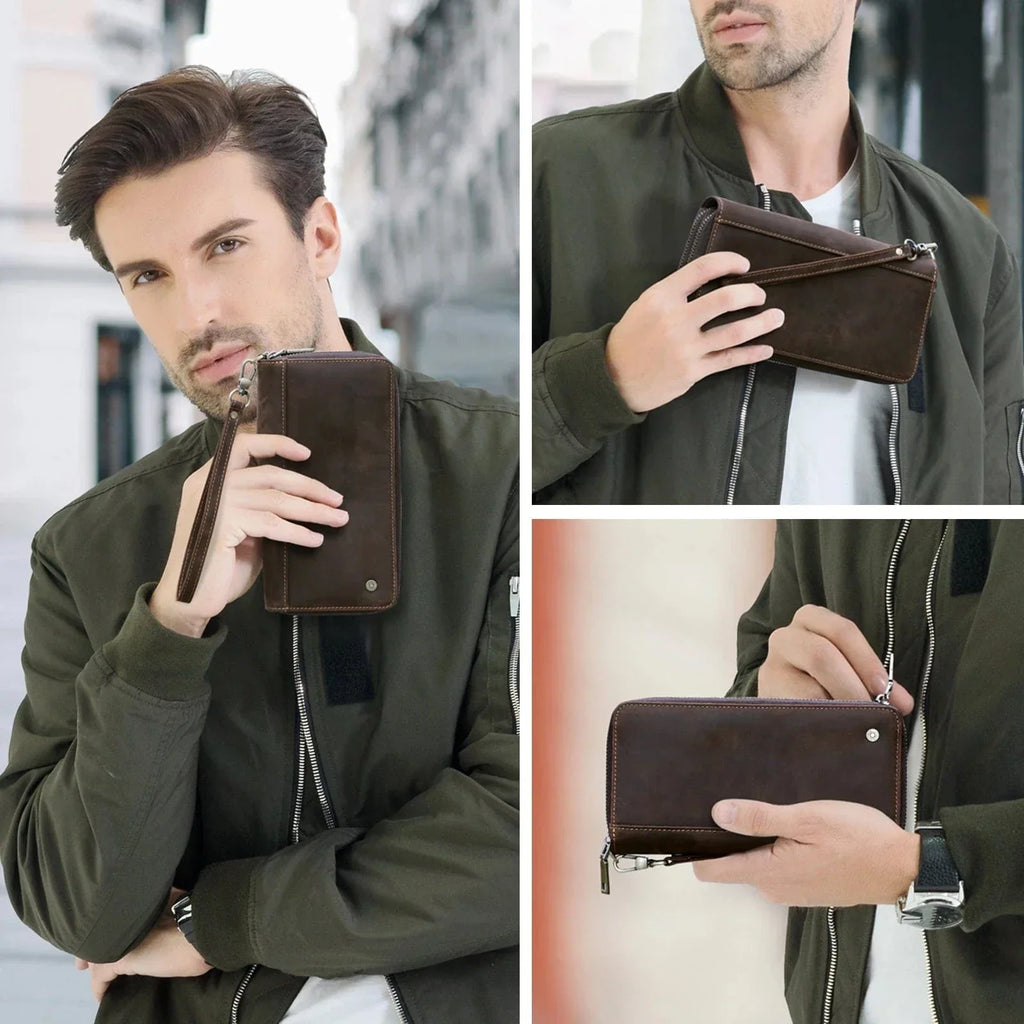 Portefeuille homme en cuir à double zip, grande capacité