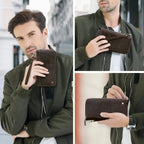 Portefeuille homme en cuir à double zip, grande capacité
