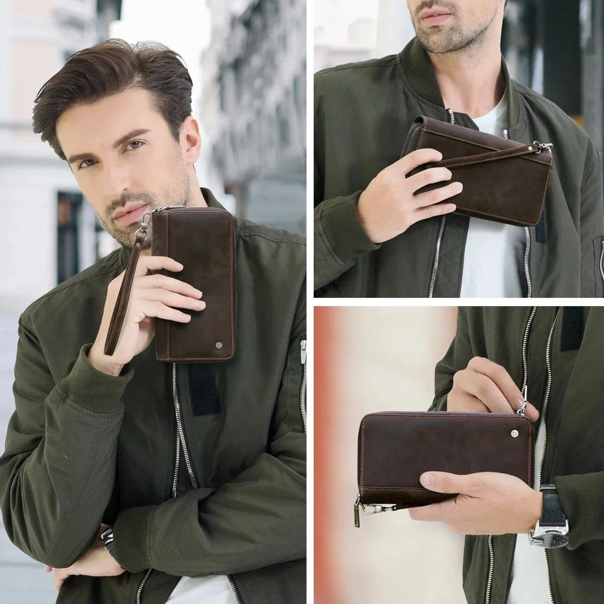Portefeuille homme en cuir à double zip, grande capacité