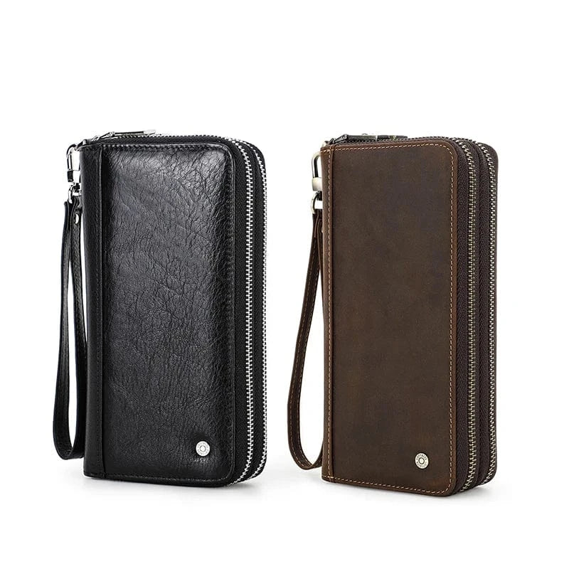 Portefeuille homme en cuir à double zip, grande capacité