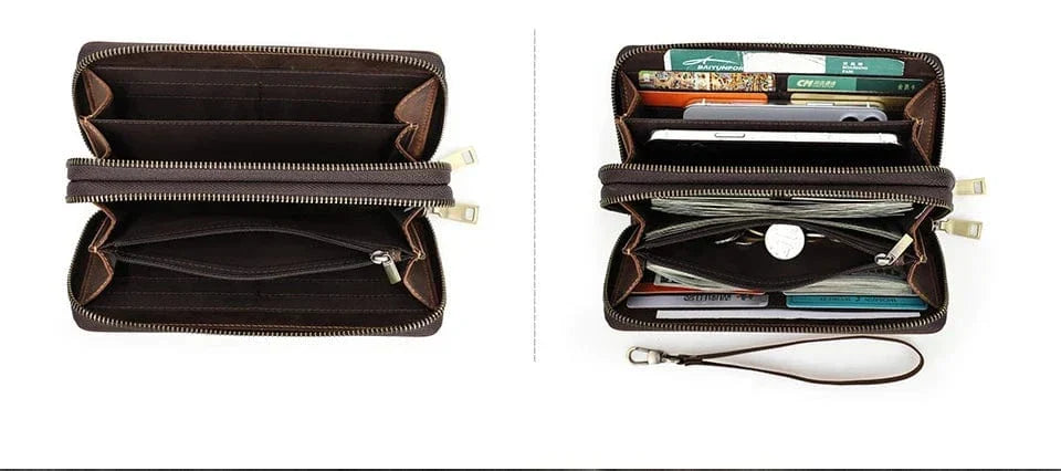 Portefeuille homme en cuir à double zip, grande capacité