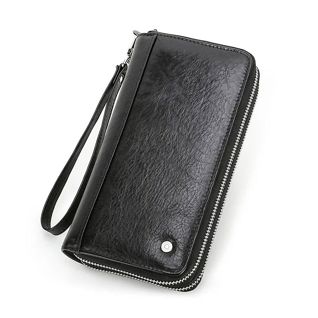 Portefeuille homme en cuir à double zip, grande capacité, noir