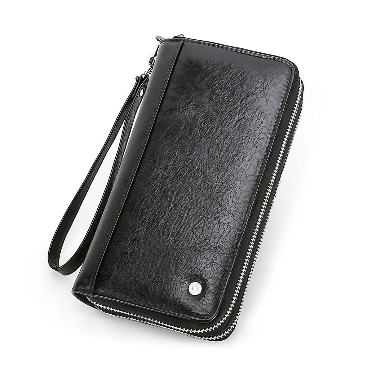 Portefeuille homme en cuir à double zip, grande capacité, noir