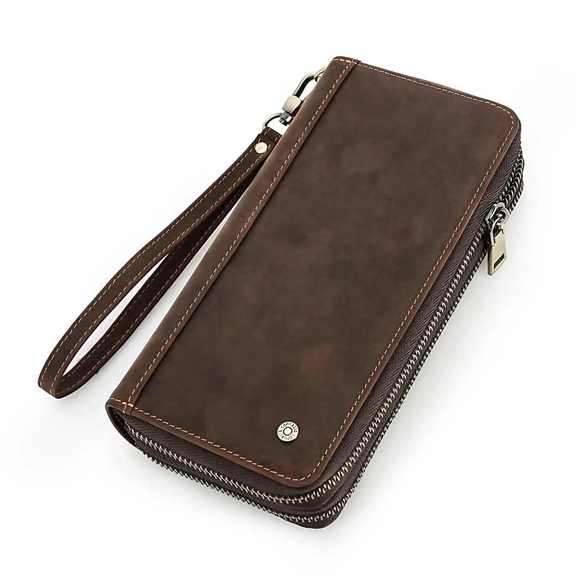 Portefeuille homme en cuir à double zip, grande capacité, café