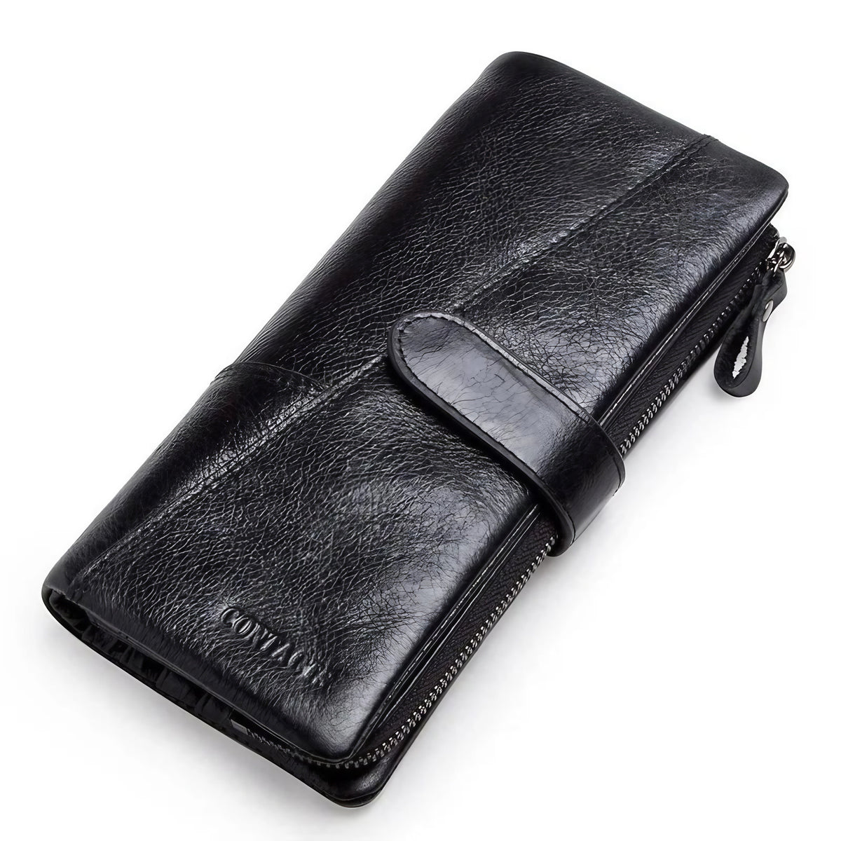 Portefeuille homme trois volets en cuir, avec poche téléphone, noir