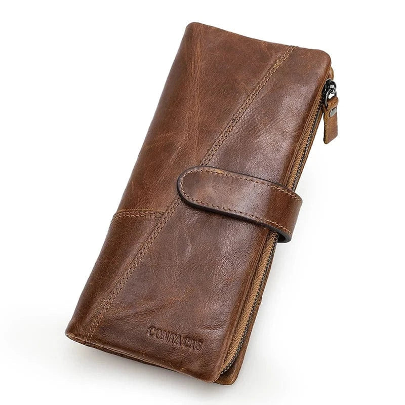 Portefeuille homme trois volets en cuir, avec poche téléphone, marron