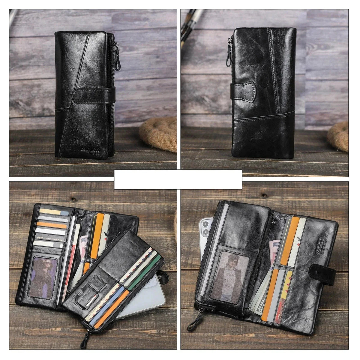 Portefeuille homme trois volets en cuir, avec poche téléphone