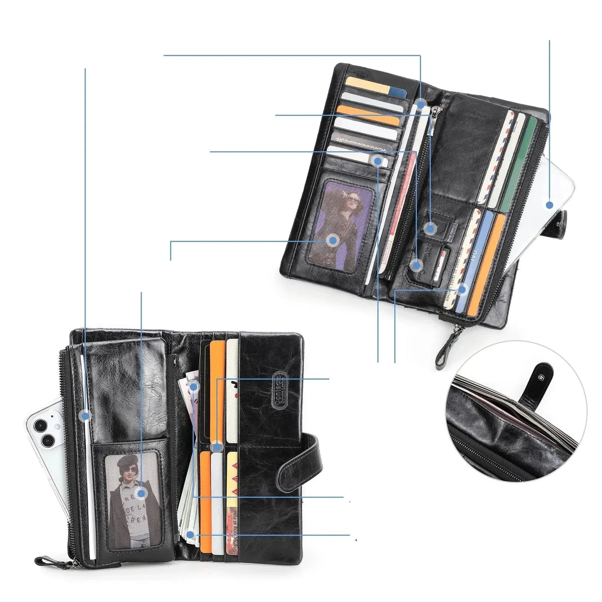 Portefeuille homme trois volets en cuir, avec poche téléphone