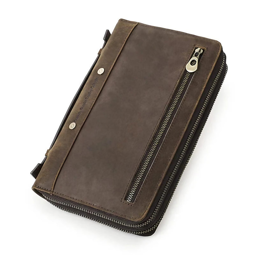 Grand portefeuille homme en cuir à double fermeture éclair, café, café