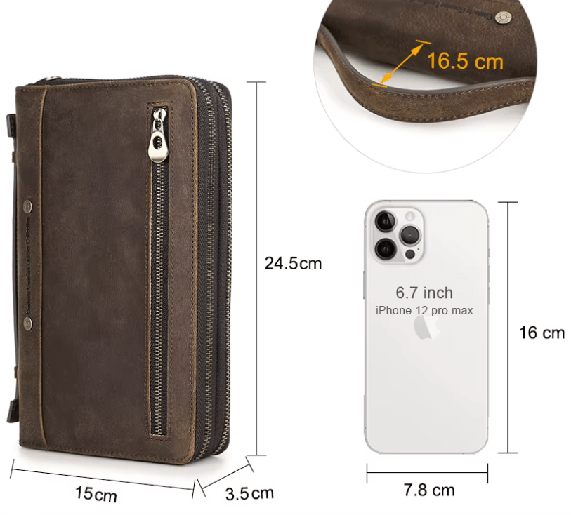 Grand portefeuille homme en cuir à double fermeture éclair, café