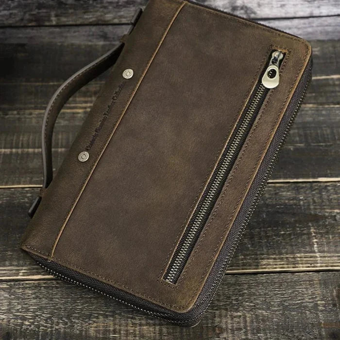Grand portefeuille homme en cuir à double fermeture éclair, café