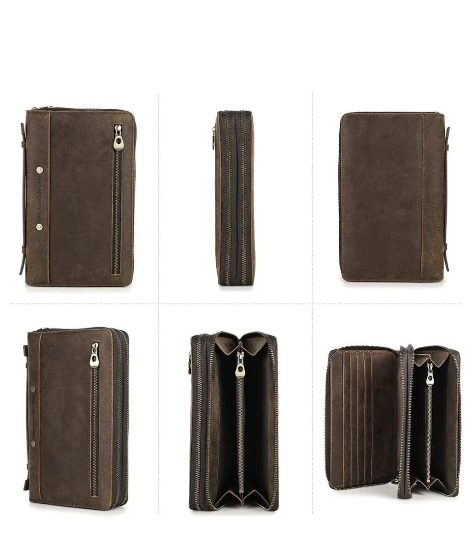 Grand portefeuille homme en cuir à double fermeture éclair, café