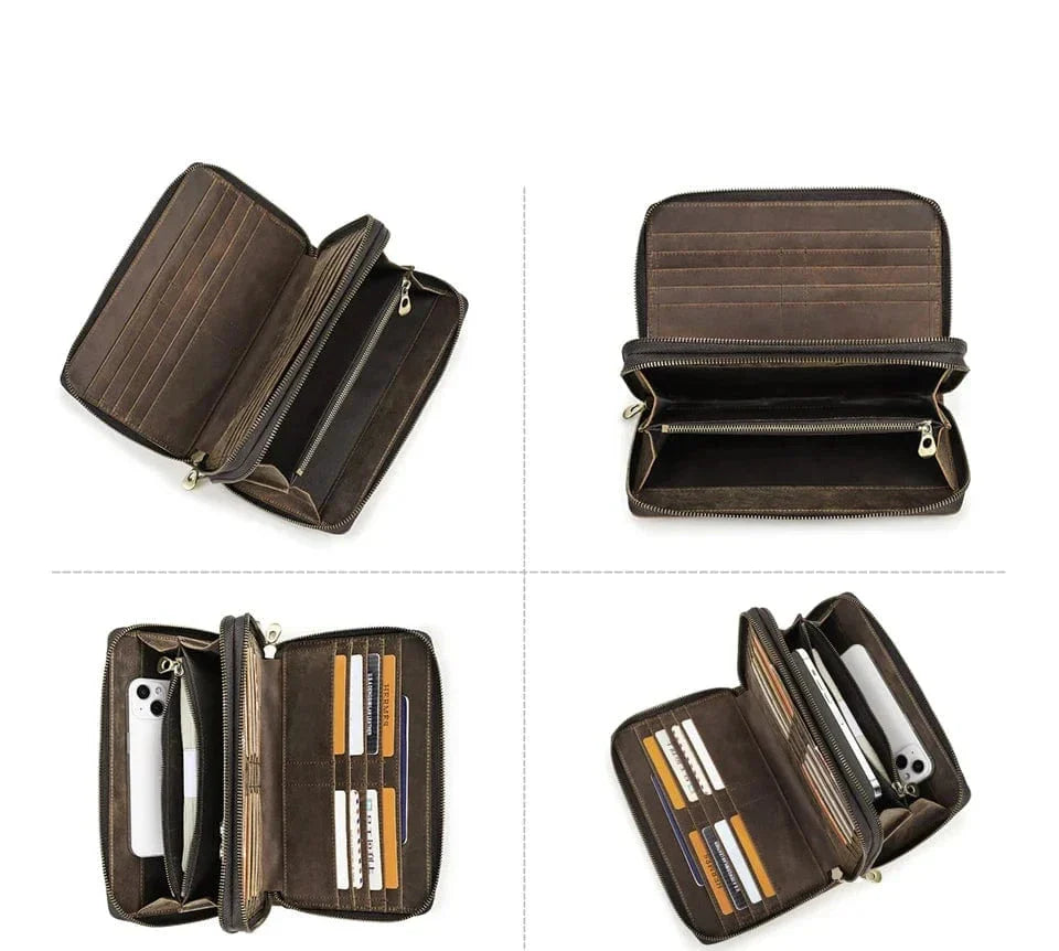 Grand portefeuille homme en cuir à double fermeture éclair, café
