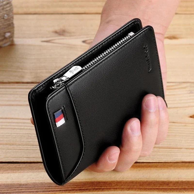 Portefeuille homme compact zippé en cuir, 12 x 9,5 cm