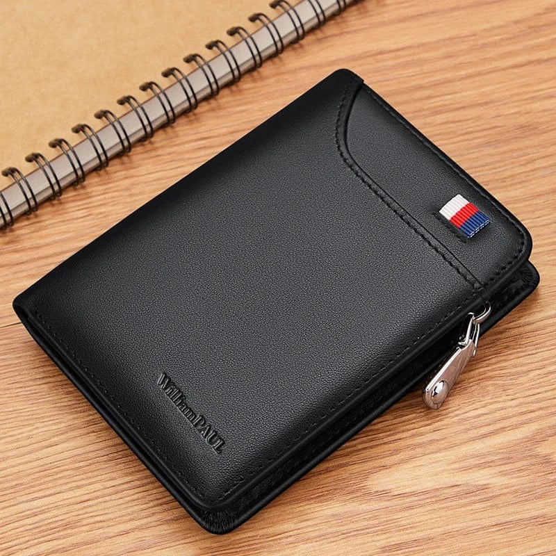 Portefeuille homme compact zippé en cuir, 12 x 9,5 cm, noir