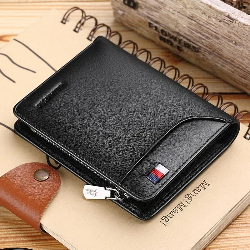 Portefeuille homme compact zippé en cuir, 12 x 9,5 cm