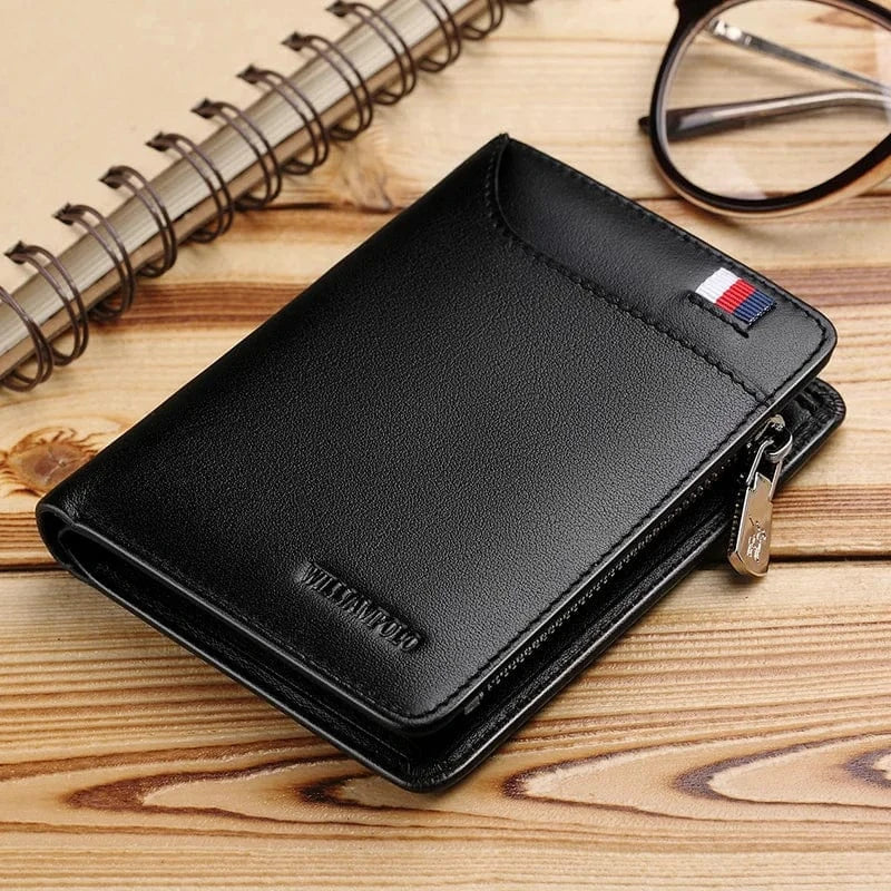 Portefeuille homme compact zippé en cuir, 12 x 9,5 cm, noir 1