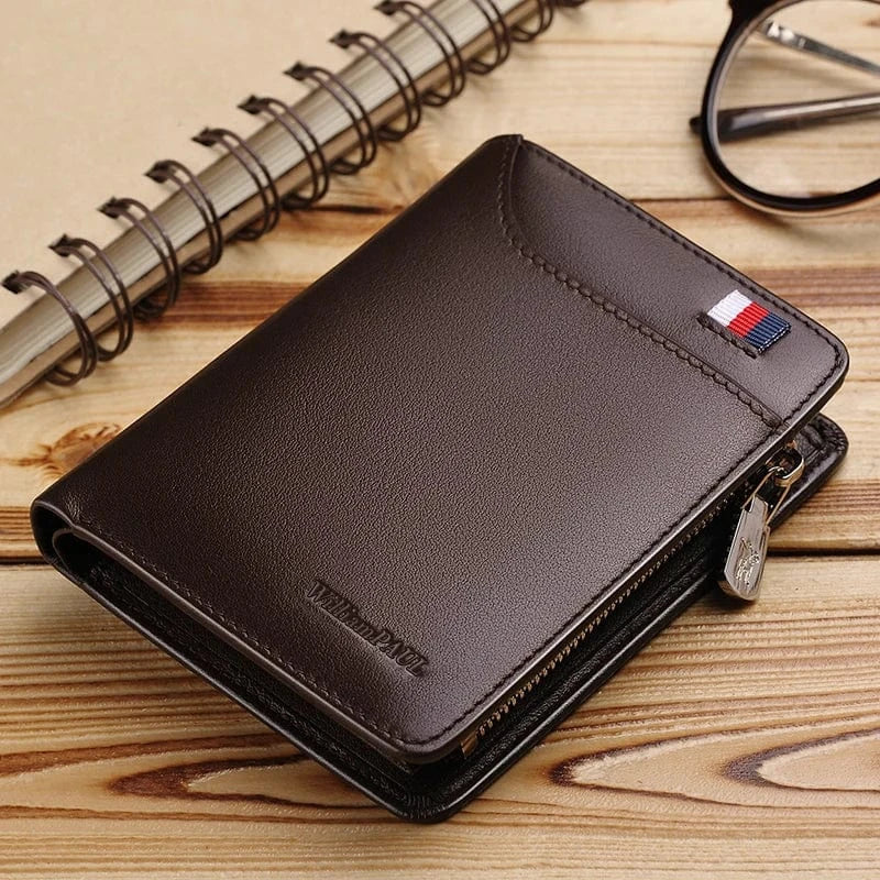Portefeuille homme compact zippé en cuir, 12 x 9,5 cm, café
