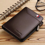 Portefeuille homme compact zippé en cuir, 12 x 9,5 cm, café