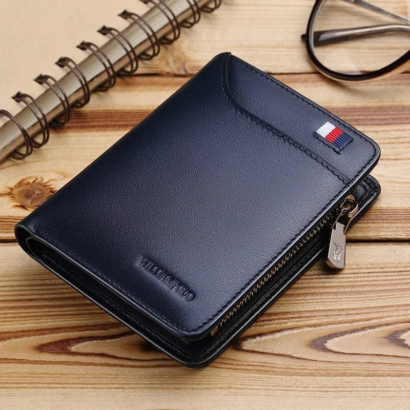 Portefeuille homme compact zippé en cuir, 12 x 9,5 cm, bleu