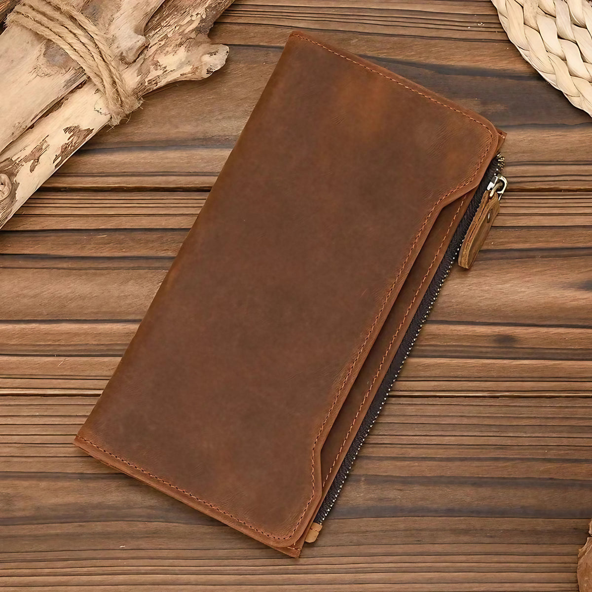 Portefeuille zippé homme en cuir, format plat 19,5 cm